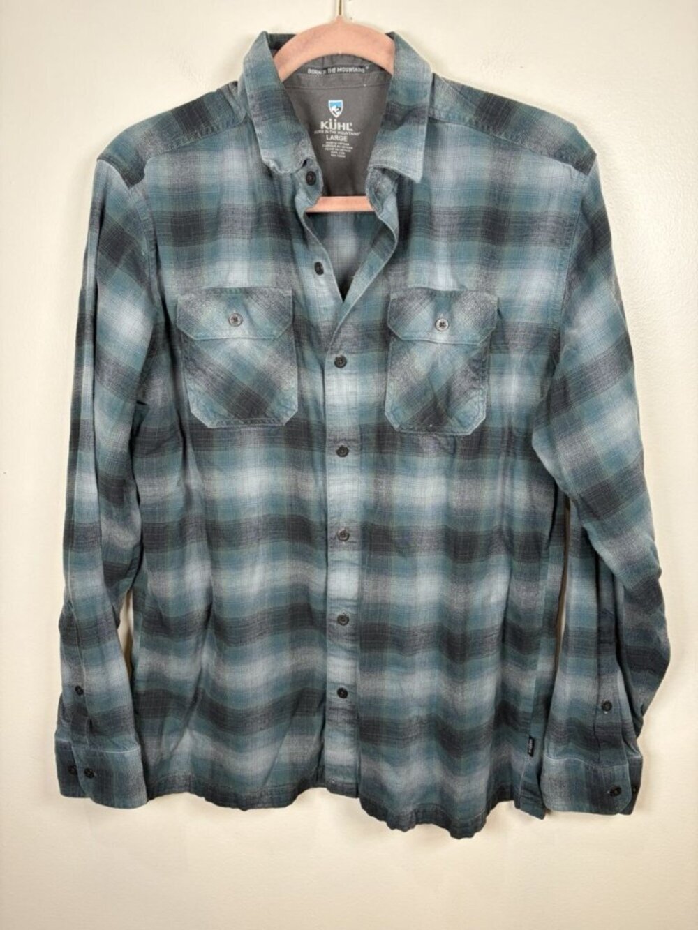 Kuhl Dillinger Flannel Shirt Men Large Blue Plaid Button Down Cotton Blend Tech